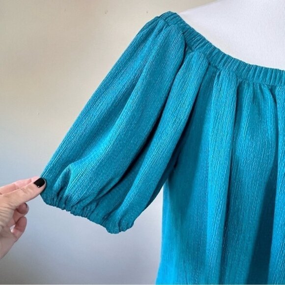 Anthropologie Elodie Turquoise Puff Sleeve Off Shoulder Top Large - Picture 6 of 12